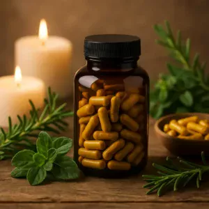 Berberine bottles with fresh herbs and candles representing natural wellness.