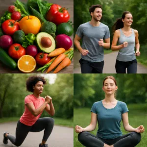 Collage of healthy foods, active people, and meditation signifying disease prevention and weight loss.