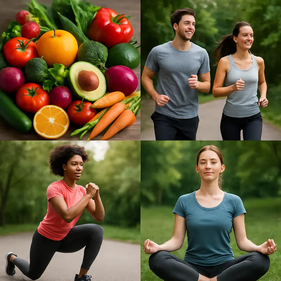 Collage of healthy foods, active people, and meditation signifying disease prevention and weight loss.