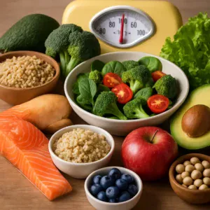 Assorted nutritious foods symbolizing the concept of balanced nutrition and health.