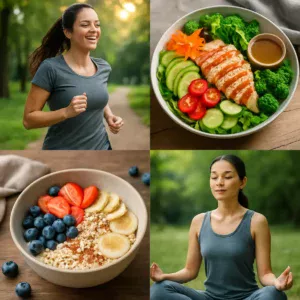 A collage showing outdoor exercise, nutritious meals, and meditation.