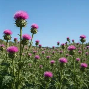 Serene landscape with milk thistle plants under the sky.