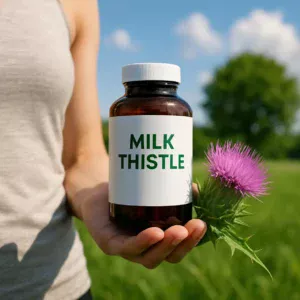Person holding a milk thistle supplement bottle with a background depicting health and nature.