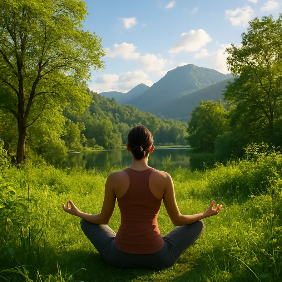 Person practicing yoga in a beautiful natural landscape, symbolizing tranquility and natural healing for weight loss.