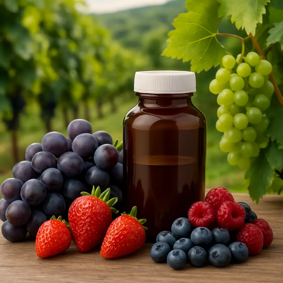 Fruits and resveratrol supplement bottle in a vineyard.