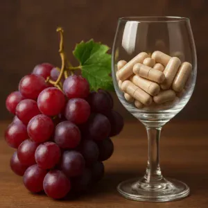 Fresh grapes, wine glass, and Resveratrol Supplement capsule.