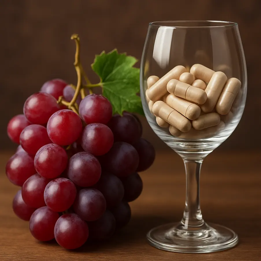 Fresh grapes, wine glass, and Resveratrol Supplement capsule.