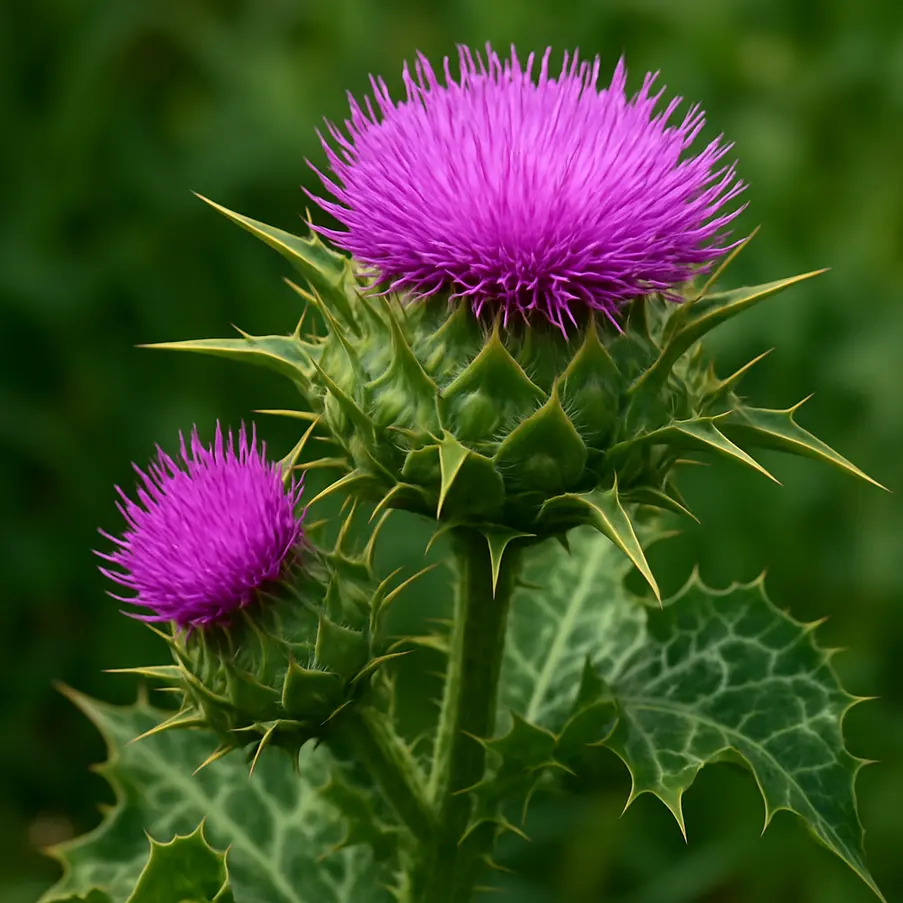 A detailed view of a milk thistle plant showcasing its colorful flowers and glossy leaves.