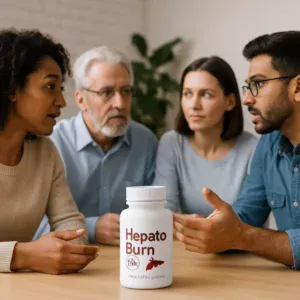 People discussing Hepato Burn with the supplement bottle visible.