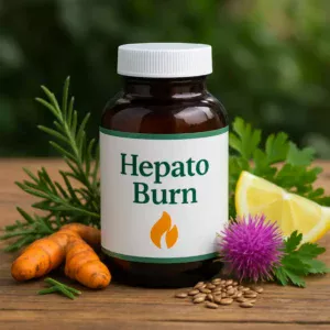 A bottle of Hepato Burn surrounded by natural herbs.