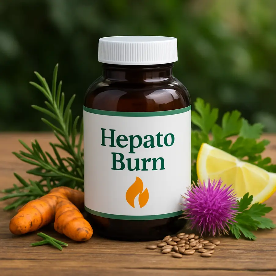 A bottle of Hepato Burn surrounded by natural herbs.