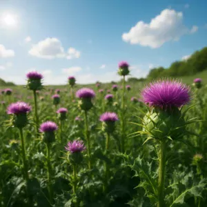 Vibrant field of milk thistle plants under a bright sky.