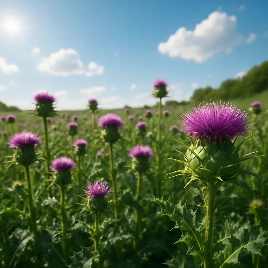 Vibrant field of milk thistle plants under a bright sky.